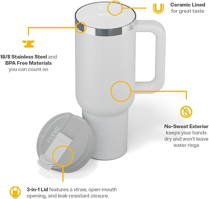 RTIC 40 oz Road Trip Tumbler Double-Walled Cermaic Lined Insulated Stainless Steel Portable Travel Coffee Mug Cup with Lid, Handle and Straw, Cool Grey
