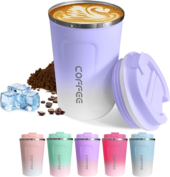 SPLMIFA Travel Coffee Mug Leak-Proof, Reusable Coffee Cups with Lid, Stainless Steel Vacuum Insulated Coffee Tumblers, Thermal Insulation Cup for Men & Women Hot & Cold Drinks(2nd-Purple White, 12OZ)