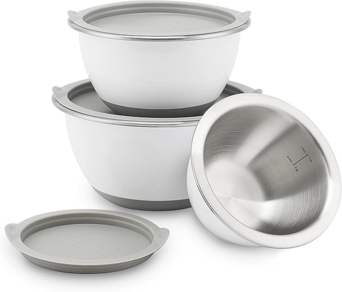 18/8 Stainless Steel Mixing Bowls Set with Lids,1.5,3 & 5 Qt,White | Non-Slip Silicone Base & Measurement Marks, Airtight Food Storage for Baking, Cooking & Meal Prep，Nesting Design