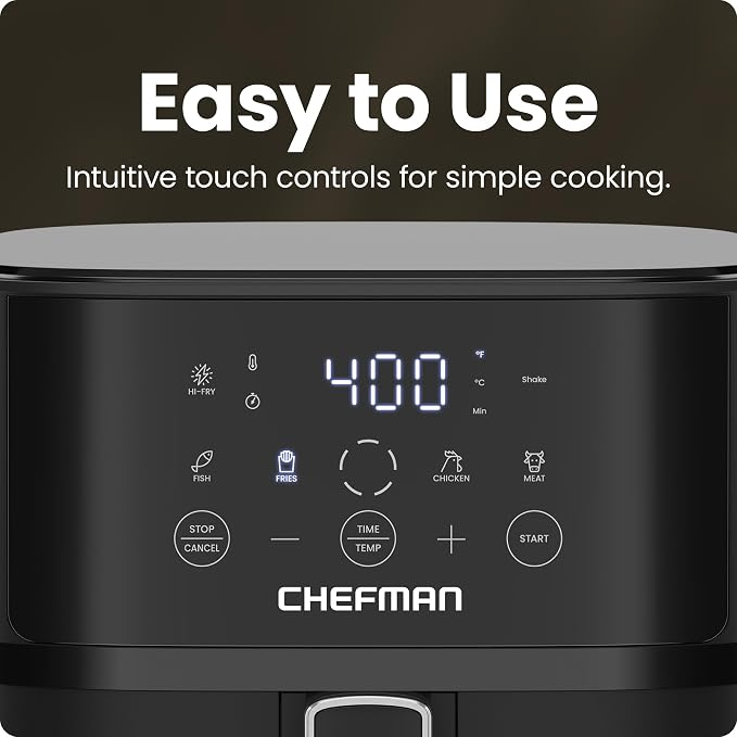Chefman Air Fryer – 6 QT Compact Airfryer for Quick & Easy Meals in Minutes, Features Hi-Fry Technology for Extra Crisp, Touchscreen Controls with 4 Presets, Nonstick & Dishwasher Safe Basket - Black