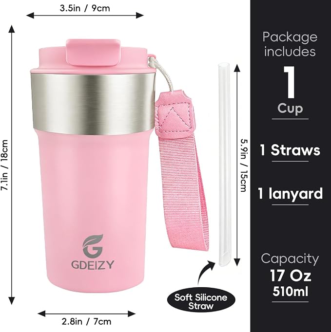 Insulated Travel Coffee Mug, 17oz Stainless Steel Leakproof Flip Straw Cup | Double Wall Vacuum Insulated, BPA-Free Material, Reusable Tumbler for Hot & Cold Drinks, Classic Black, Fits Car Cup Holders