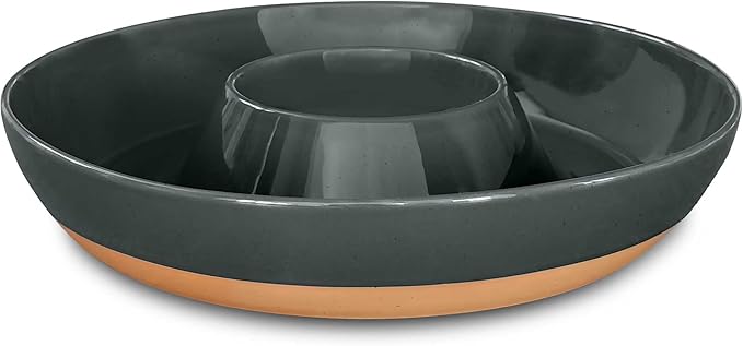 Mora Ceramic Chips and Dip Serving Tray: Large Divided Party Bowl Set for Chips & Salsa, Veggies & Dip, Fruit, Snacks, Entertaining, Hosting, etc. Minimalist Design for the Modern Hostess - Charcoal