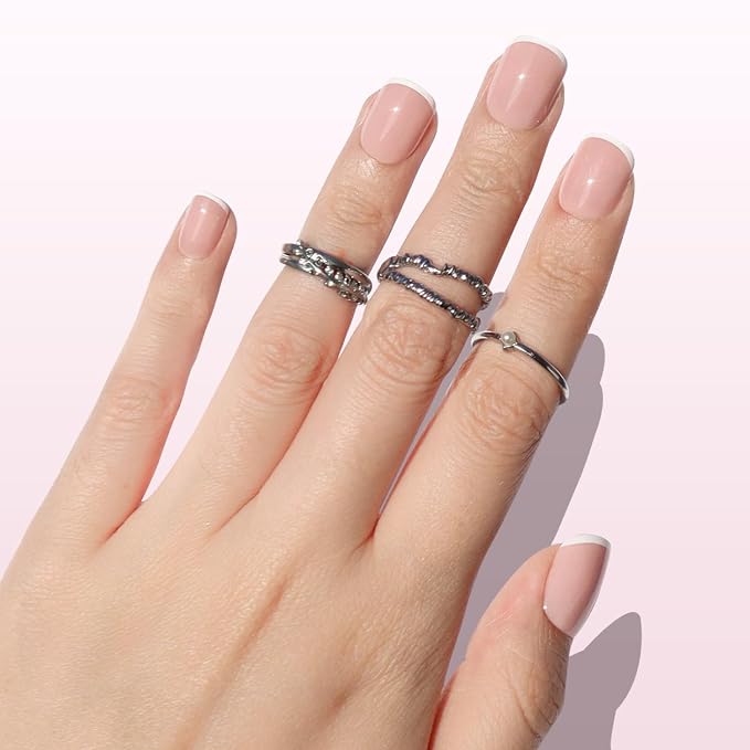 Nail Reformation Press On Nails, She’s a Natural | Short Square Fake Nails | 15 Sizes 30 Pcs White French Tip on Nude Base in a Glossy Finish, Reusable Stick On Nail Kit, Manicure Gifts for Women Gifts