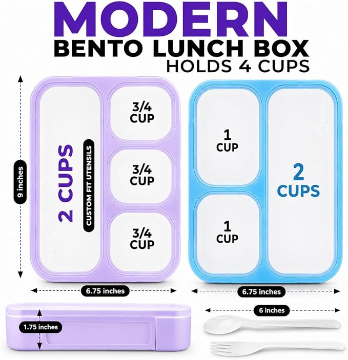 Bento Lunch Box for Kids or Adults, Snack Containers for Boys, Girls, School Daycare Work, 3 & 4 Divided Compartments Meal Planning Portion Control, BPA-Free Boxes, Utensils | Blue Purple 2 Pack