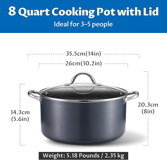 BEZIA 8 Quart Nonstick Stock Pot with Lid, Induction Compatible Cooking Pot | Soup Pot for Family Meals & Batch Cooking; All Stove Compatible, Oven & Dishwasher Safe, for Nutrient-Rich Simmering & Stews