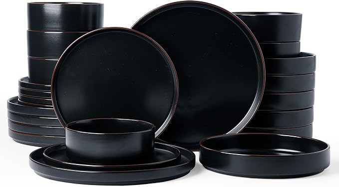Famiware Nebula Ridge 24-Piece Dinnerware Set with Pasta Bowls, Matte Black | Stoneware Plates and Bowls for 6, Warm Hand-Painted Rims, Microwave and Dishwasher Safe