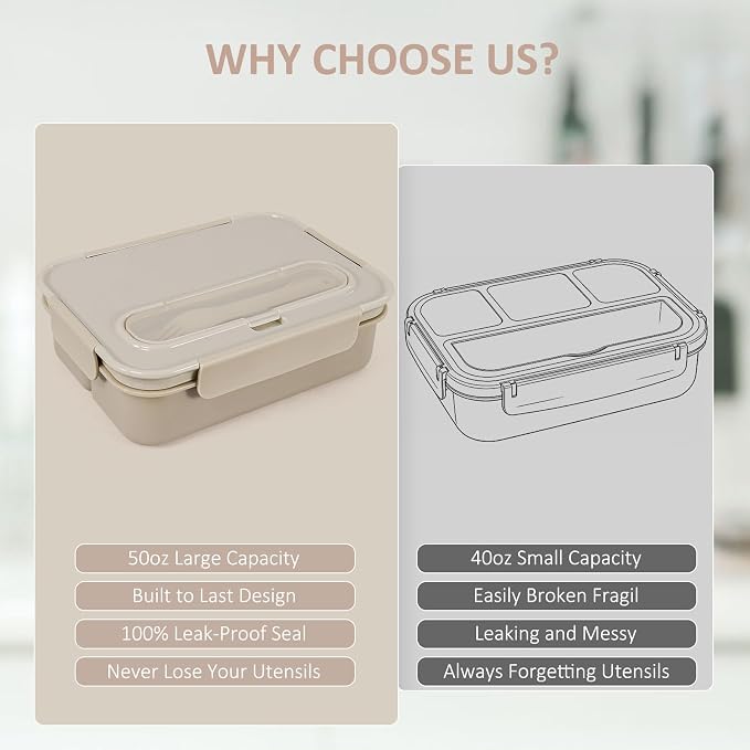 Caperci Bento Box Adult - 50 oz Large Lunch Containers for Adults and Teens, 4-Compartment Bento Lunch Box with Utensils & Leak Proof Sauce Cup, Dishwasher Safe, Durable, BPA-Free (Mocha)