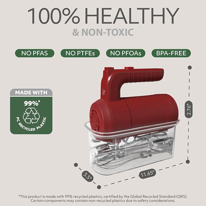 WILLOW Eco Series Electric Hand Mixer, 5 Speed Ultra Power Handheld Mixer with Stainless Steel Whisks, Beaters & Dough Hooks + Eject Button, 350W Kitchen Mixer with Snap-On Storage Case - BURGUNDY