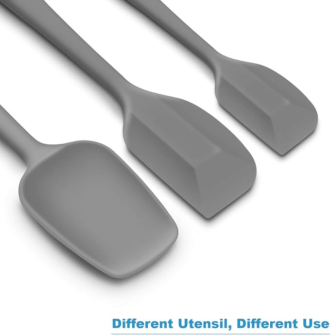 3-Piece Silicone Spatula Set, 600°F Heat Resistant, Grey | Stainless Steel Core, Silicone Rubber Spatulas for Nonstick Pans, Spatula, Spoonula and Mini Spatula for Cooking and Baking