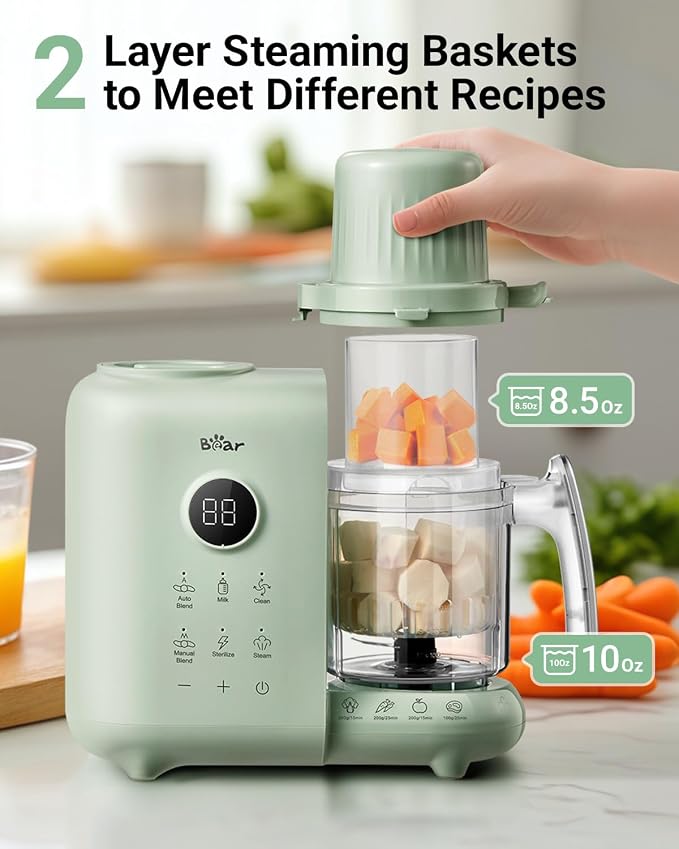 Bear Baby Food Maker Steamer&Blender with Dual-Layer Steam Baskets, 18.5oz | OneStep Baby Food Processor Puree Maker Grinder Mills Bottle Warmer, Sterili-zing for Healthy Homemade Baby Puree, BPA-Free