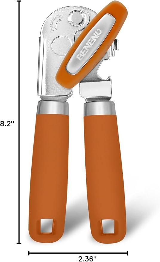 Beneno Heavy Duty Hand Can Opener Manual with Magnet Lid Remover, Orange | Razor-Sharp Carbon Steel Blade, Precise Smooth Cutting Gear, Big Effort-Saving Knob, Soft Grip Handle, Built-in Bottle Opener