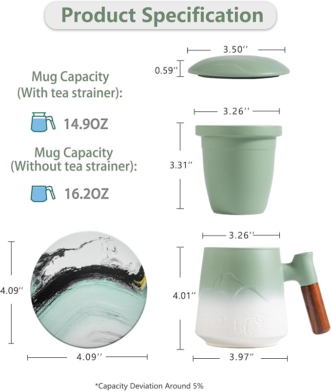 ZENS Tea Infuser Mug with Lid & Coaster for Loose Leaf Tea Steeper, 15oz | Embossed Ceramic Tea Cup with Infuser for Loose Tea Difussers, Tea Lovers Gifts, Nature Wood Handle, White