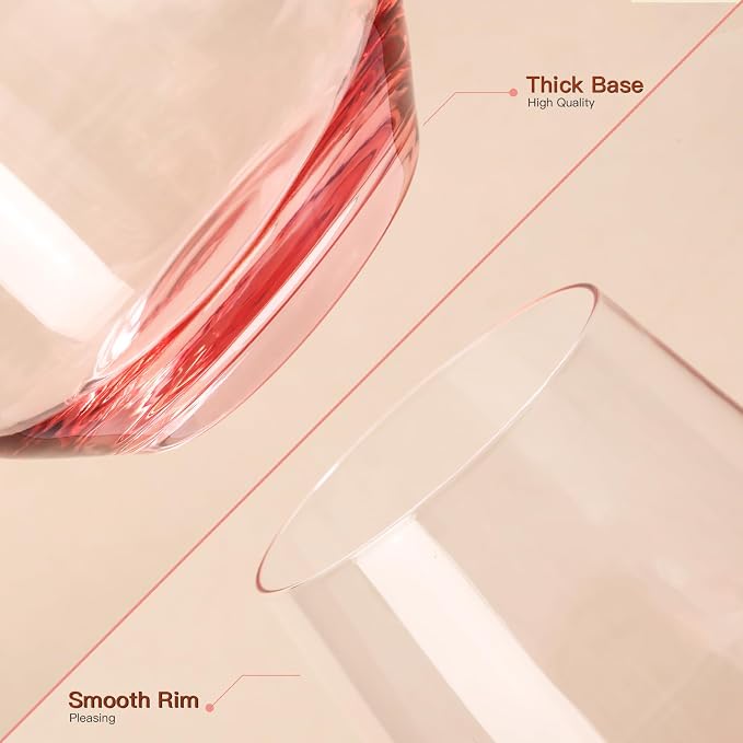 JOVGANK Pink Stemless Wine Glasses Set of 6 - Hand Blown White Red Stemless Wine Glass - 17 oz, [Lead-Free Crystal Glass] Large Short Glass Tumblers, Housewarming Gifts and Mother's Day Gift