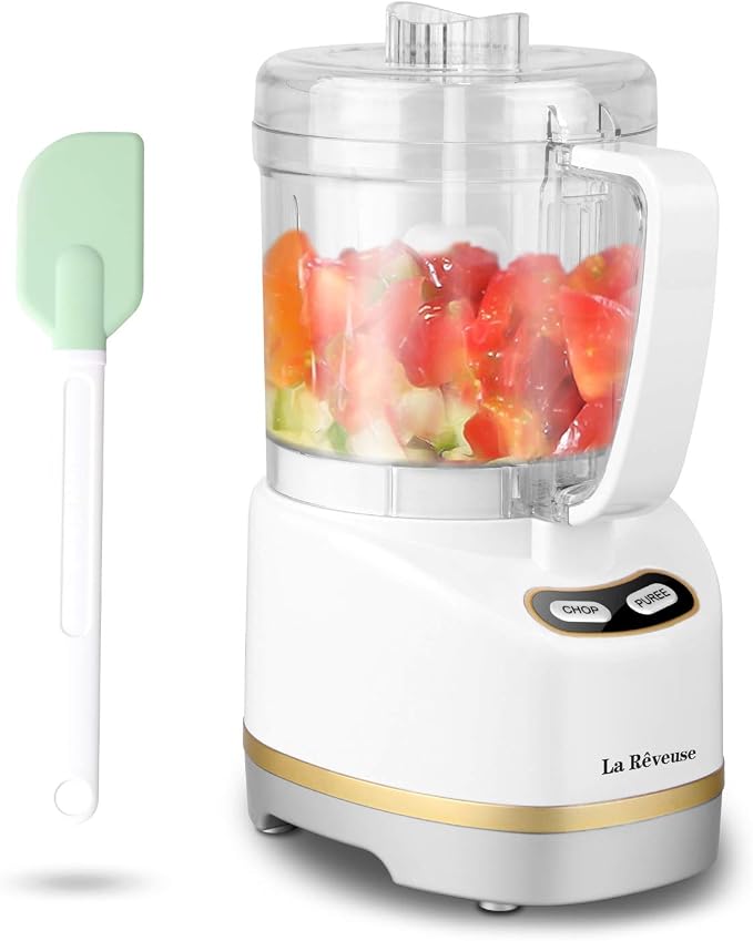 La Reveuse 2 Cup Mini Food Processor, Electric Chopper Small, White | for Mincing, Chopping, Grinding, Blending, Puree, 2 Pulse Speeds, Dishwasher Safe, (1) Spatula Included, 200 Watts, LARB1814W