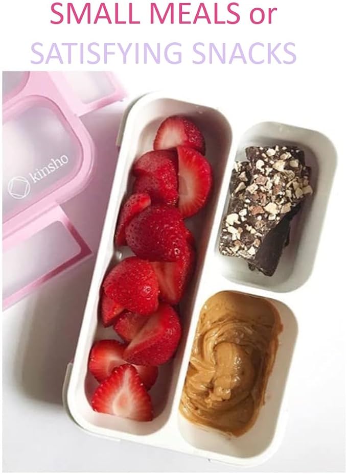 kinsho Small Snack Box Containers for Kids Toddlers, Set of 2 (Pink+Purple) | 3 Compartments, Leak-Proof, Spill Proof, BPA-Free Reusable Small Mini Bento Lunch Box for Daycare School Travel, Holds 2 Cups