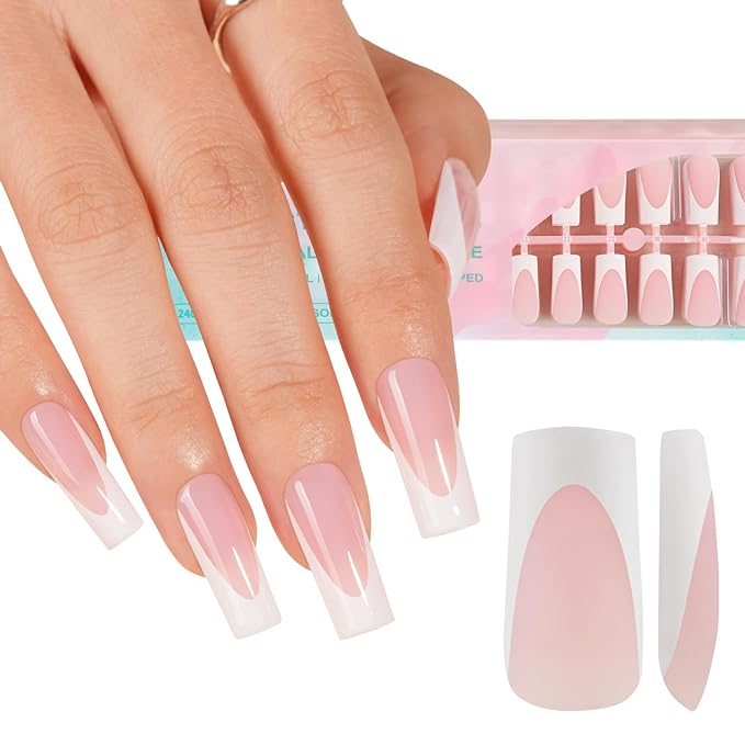 Misssix 150Pcs Deep French Tip Press on Nails Long Square Gel Fake Nails | No Need to File 3 in 1 Tips Pre-lasting, Fake Nails for Nail Art DIY 15 Sizes