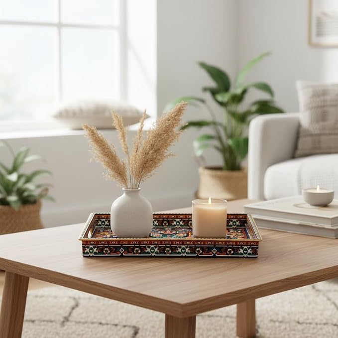 Boho Persian Rug Pattern Serving Tray with Handles, 15.7”x11.8” Rectangular Plastic Decorative Tray (Vintage Blue/Orange/Green) for Coffee Table, Ottoman, Bathroom & Living Room.