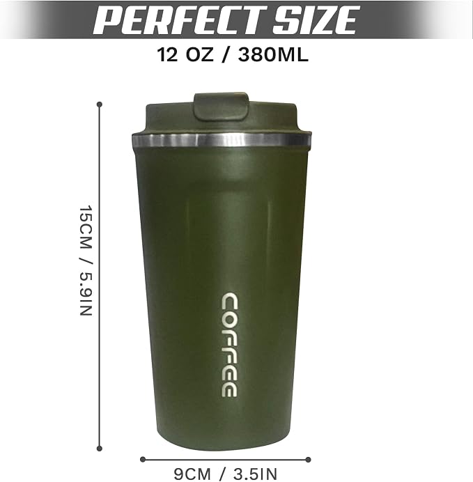 SPLMIFA Travel coffee mugs leak-proof, reusable coffee cups with lids, stainless steel vacuum insulated coffee tumblers, thermal insulation cups for men & women keep drinks hot & cold(2nd-Green, 12OZ)
