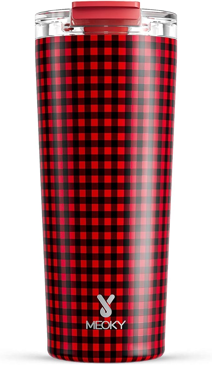 Meoky 24 oz Insulated Travel Coffee Mug: Leak Proof Lid, Crimson Plaid | Stainless Steel Coffee Tumbler, Keeps Hot for 8 Hours or Cold for 24 Hours, Fits in Car Cup Holder, BPA Free