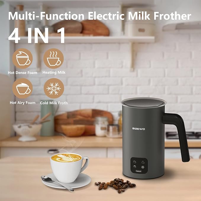 Milk Frother Electric, 4 IN 1 Warm and Cold Milk Steamer for Coffee Latte | Automatic Cold and Hot Foam, Stainless Steel, Foam Maker with Touch Screen for Macchiato, Cappuccino, Hot Chocolate