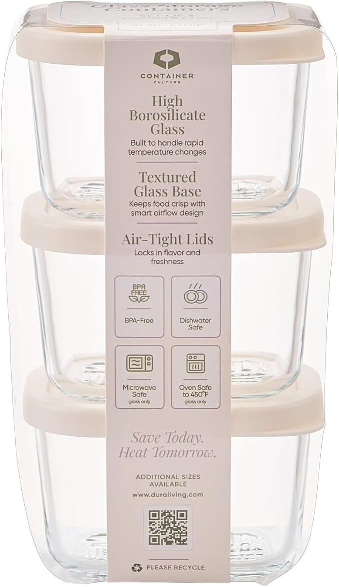 Glass Food Storage Containers with Lids — 6 Piece — 10.5 oz Glass with BPA-Free Leakproof Stackable Lids — Microwave, Oven & Dishwasher Safe — Ideal for Meal Prep & More - Vanilla Mist