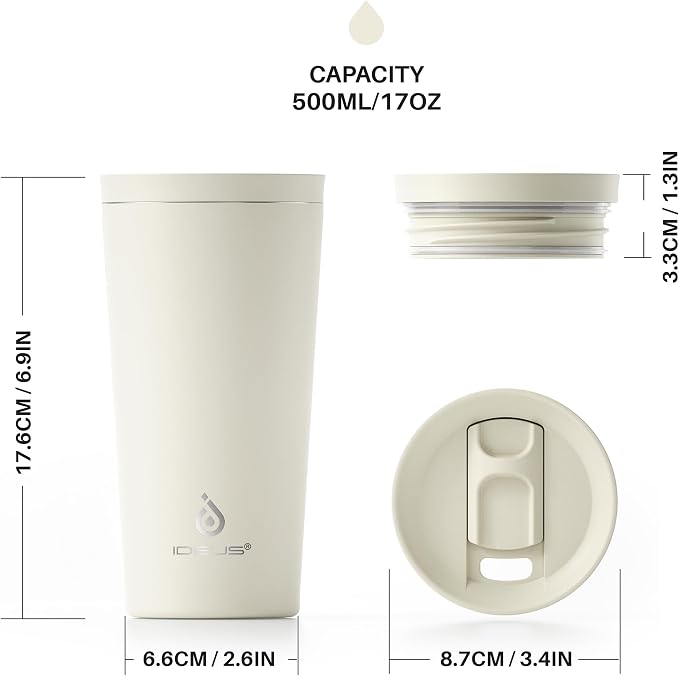 Ideus 17 oz Travel Coffee Mug, Double Wall Vacuum Stainless Steel Insulated Coffee Tumbler With Lid, Splash-Proof & Cup Holder Friendly, Keeps Drinks Hot/Cold, Dishwasher Safe, White
