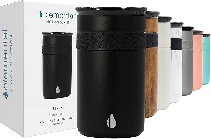 Elemental Artisan 12oz Triple-Wall Insulated Coffee Tumbler w/Ceramic Lid | Triple Wall Coffee Travel Mug, Reusable Stainless Steel Coffee Tumbler; Thermal Coffee Cups for Hot (6 Hrs) & Cold (18 Hrs)