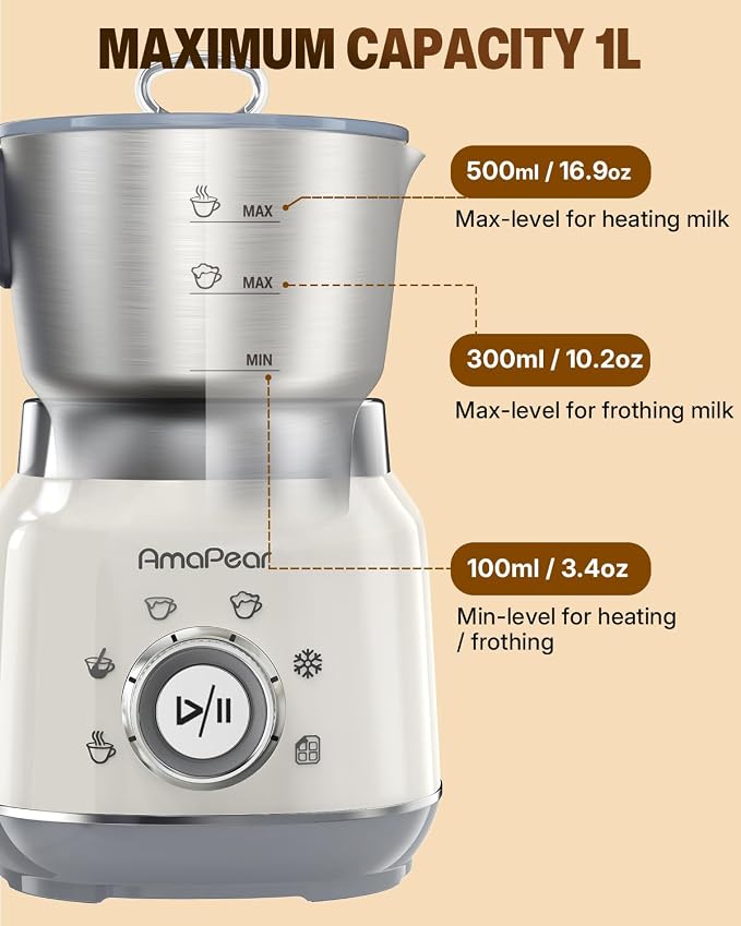 Electric Milk Frother and Steamer, 6 in 1 Hot & Cold Foam Maker for Coffee | 16.9oz/500ml Milk Warmer for Latte, Macchiato, Cappuccino, Hot Chocolate Maker, Dishwasher Safe (White)