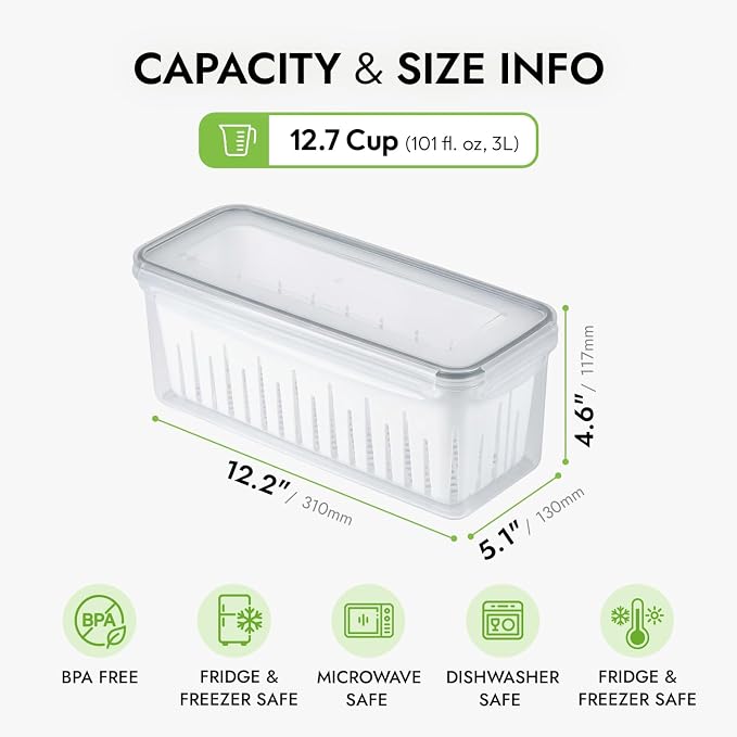 12.7 Cup Produce Saver Container for Fridge with Colander - 3.0L | Airtight Fruit & Vegetable Storage Bin, Removable Strainer Basket, BPA-Free, Stackable, White Colander