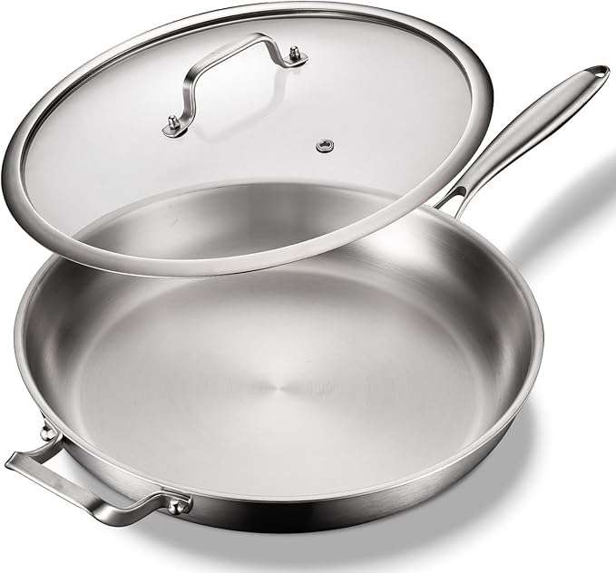 DELARLO Tri-Ply Stainless Steel Pan,18/10, 14.2" | Nontoxic Durable Oven Safe 800℉ All Cooktops Compatible Fast Even Heat PFOA Free Large Frying Pan Nontoxic Cookware