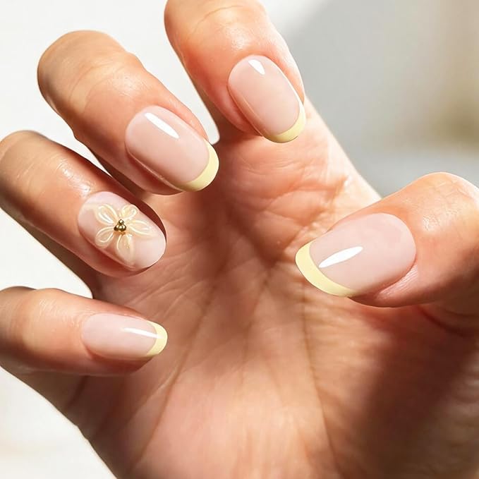 Press on Nails, 6 Packs (144 Pcs) Short Almond French Sets, 3D Floral | 6-Style 12 Sizes, Glossy, Salon Quality, Reusable Full Cover, Cute Cherry Polka Dot Fake Nails