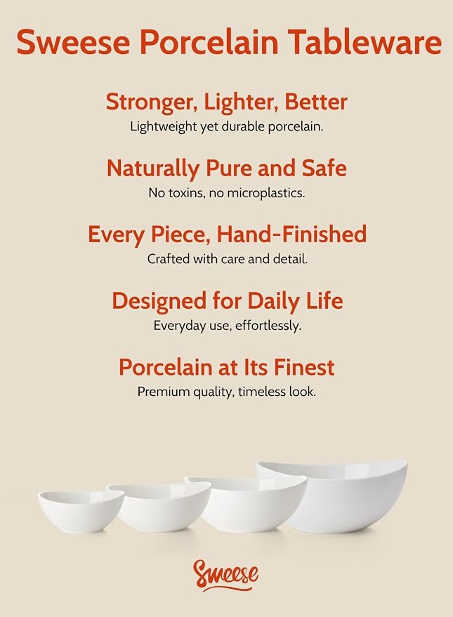 Sweese Porcelain Serving Bowls Set, 10-42 oz, Versatile for Salad, Soup, Snacks, Microwave Dishwasher Safe, White