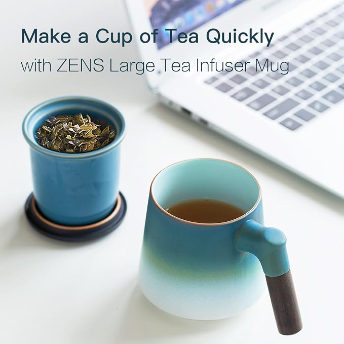 ZENS Tea Mug with Infuser and Lid for Loose Tea Diffusers, 12oz Blue | Embossed Ceramic Tea Cup with Infuser for Herbal Tea Difussers, Tea Lovers Gifts, Vintage Wood Handle