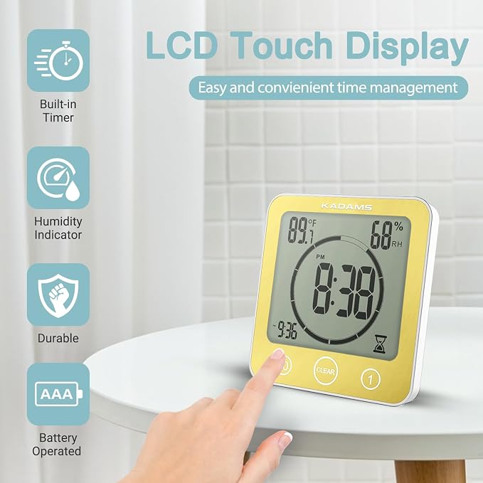 KADAMS Shower Clock Waterproof Bathroom Timer – Digital Wall Clock with Countdown, Magnetic Kitchen Clock with Temperature & Humidity, Suction Cup for Kids Shower Spa Sauna Cook Bath (Yellow)