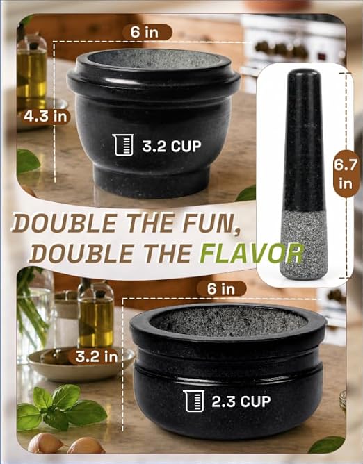 HITROCK Granite Mortar and Pestle 2 Sets, 6 Inch Heavy Duty Stone Grinder Bowl with Silicone Anti-Slip Base & Handle Protector, for Guacamole, Salsa, Pesto, Spices, 2.3 Cup & 3.2 Cup Capacity, Black