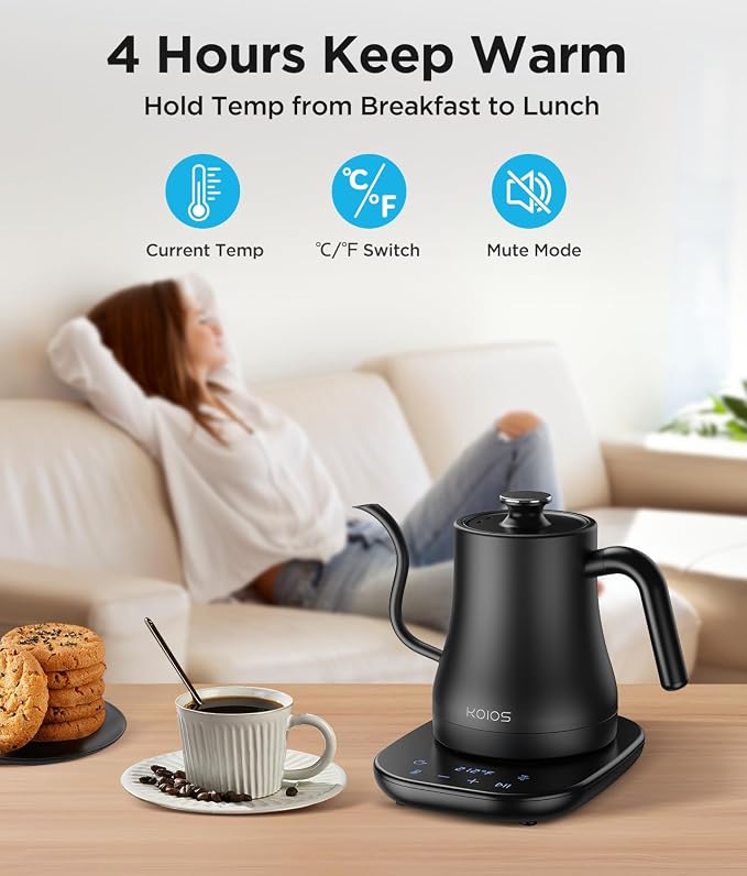 KOIOS Gooseneck Electric Kettle, ±1℉ Temp Control, Mute Mode, 4H Keep Warm | 0.8L Pour Over Kettle, 1200W Fast Heating, Stainless Steel, Coffee & Tea Brewing