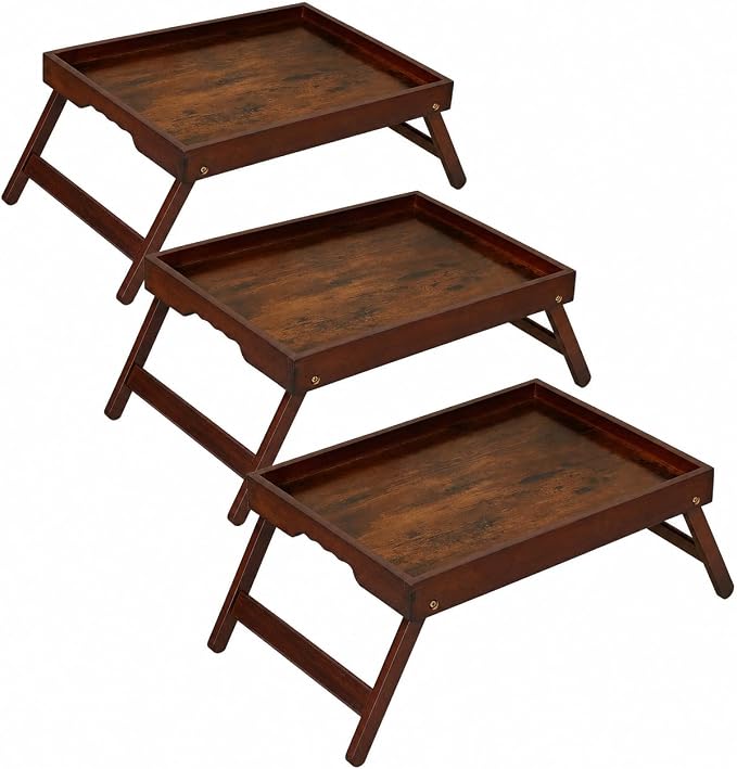Large Bamboo Bed Tray Tables with Folding Legs, 3 Pack, Vintage | 3 large vintage bamboo bed trays with folding legs, raised edges and side grips for meals, laptops, snacks and serving.