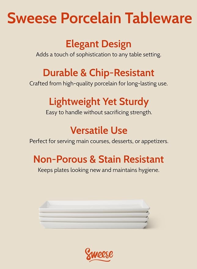 Sweese Rectangular Porcelain Platters, Serving Trays for Parties, 13.8 Inch Large Serving Dishes for Steak, Taco, Sushi, Appetizer, Cake - Dishwasher & Oven Safe - Set of 4, White
