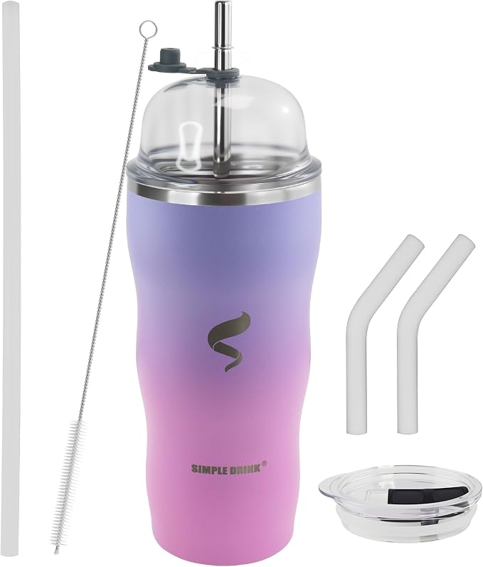 20 oz Insulated Tumbler, Straw and Flat Lids, Pink Purple | 18/8 stainless steel, double-wall vacuum insulation, BPA-free materials, reusable straw, for everyday hot and cold drinks.