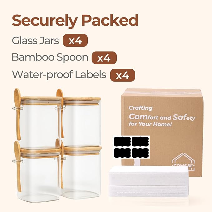 ComSaf Glass Container with Spoon & Lid 0.8 Qt, 4 Pack Glass jar with spoon | Coffee and Sugar Container Set, Coffee Bar, Salt Jar, Bamboo Lid with Silicone Seal, 27oz Canister, Spice,Seasoning, BPA Free