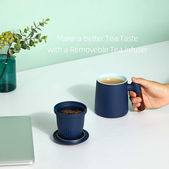 ZENS Tea Mug with Infuser and Lid for Loose Leaf Tea Steeper, 12oz Blue | Embossed Ceramic Tea Cup with Infuser for Herbal Tea Difussers, Tea Lovers Gifts, Nature Wood Handle