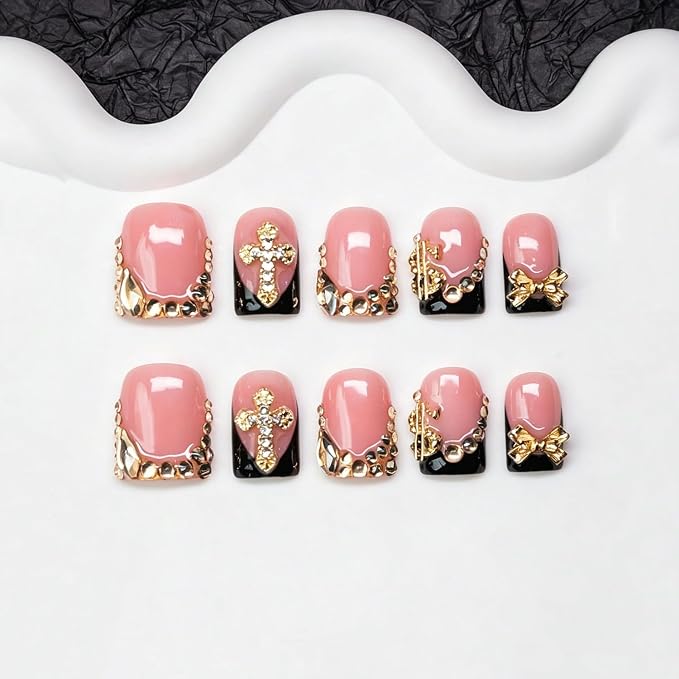 Rhinestone Press on Nails Short Square Black French Tip Handmade Nails with 3D Bow & Rhinestone Design Full Cover Muti-Layer Gel Acrylic Nails for Women Fake Nail Art DIY 10pcs (M)