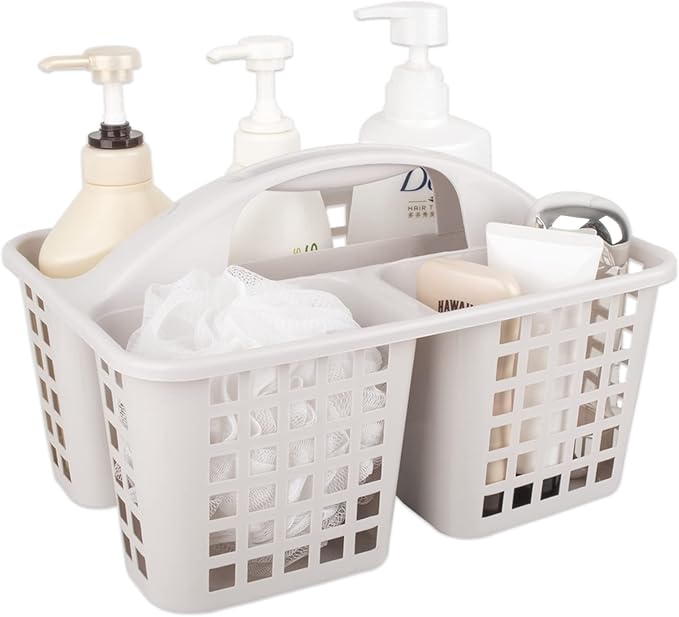 Portable Shower Caddy Basket Plastic Storage Basket with Divided Light Grey | Sturdy Large Capacity Cleaning Supplies Organizer Compartments Tool Bin for Bathroom Kitchen Bedroom College Dorm Essentials