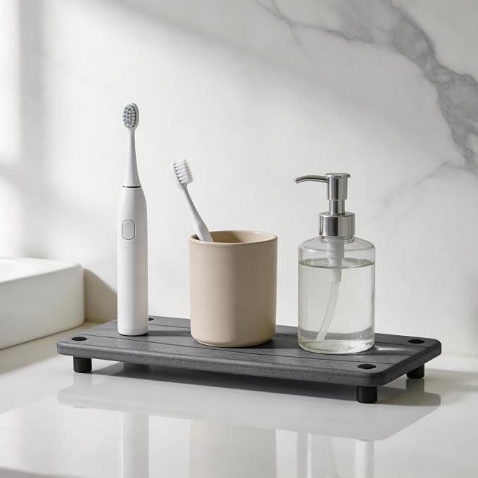Water Absorbing Stone Sink Tray, 11.8" Diatomite Tray for Kitchen Bathroom Vanity, Fast Drying Stone Drying Caddy for Soap Dispenser, Sponge Holder with Wavy Groove Design