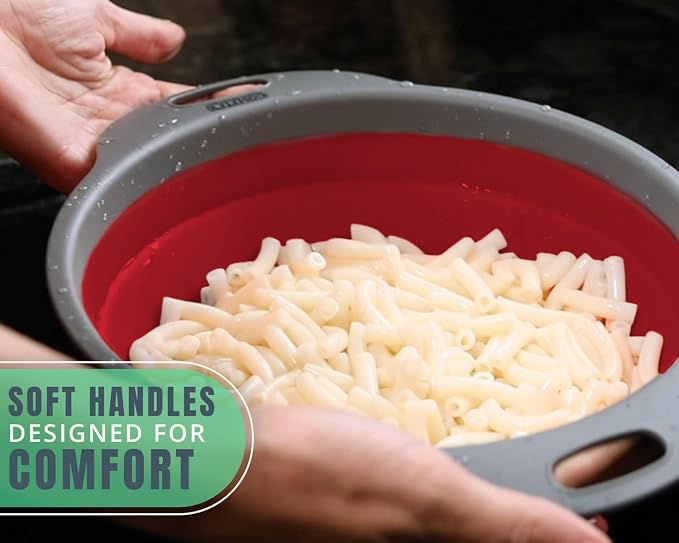 Comfify Ultimate Kitchen Strainers Set of 2 - Collapsible Silicone Colanders For Easy Storage - Use with Pasta & Veggies or as a Fruit or Berry Bowl with Strainer - Irreplaceable for Campers - Red | Red; silicone; set of 2 (8" & 9.5"); collapses to 1.2...