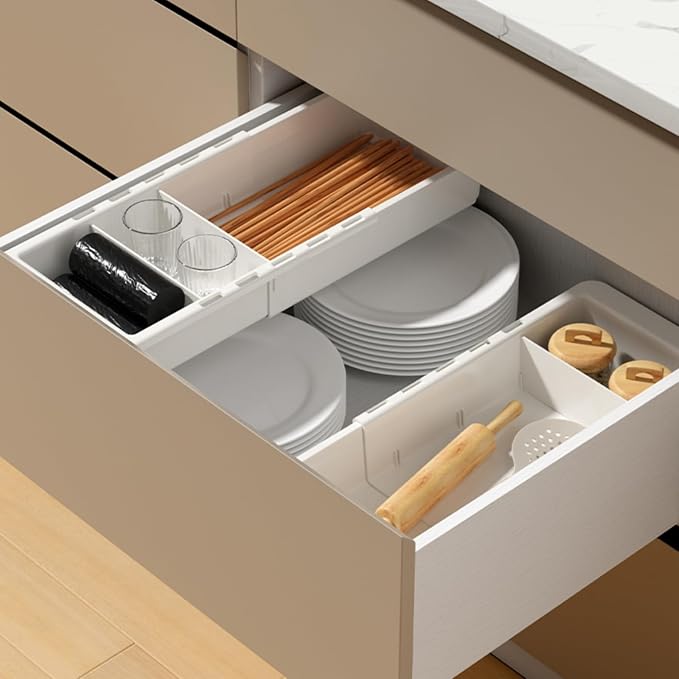2 PCS Sliding Drawer Tray with Adjustable Dividers | Expandable Kitchen Storage Organizer, Sliding Drawer Bin, Expandable Drawer Organizer Trays For Utensils, Flatware, Junks