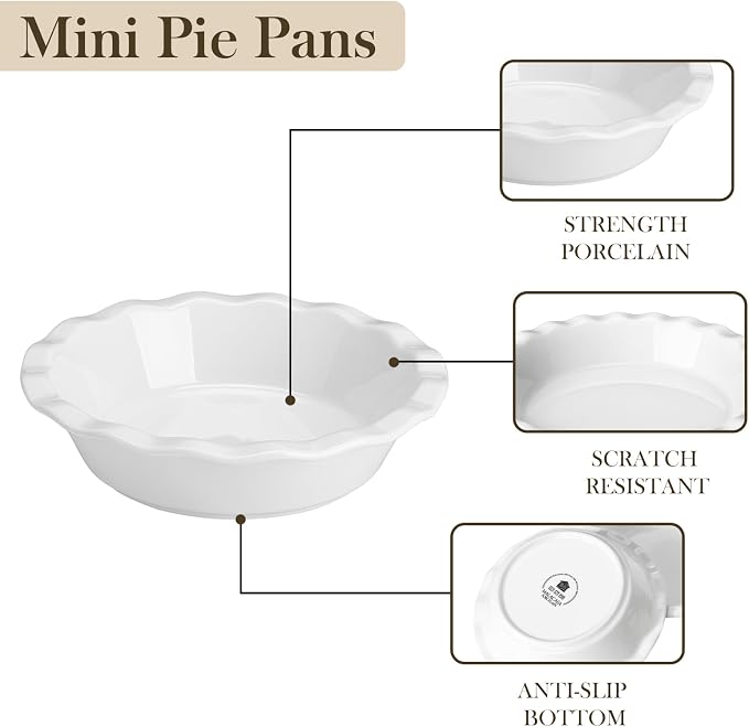 MALACASA Mini Pie Pans Set 6, 6 Inch Ceramic Quiche Tart Pans White | Small Pie Plates for baking for Quiche, Tart, Individual Pot Pie