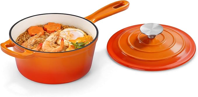 Homikit Small Cast Iron Pot, 2 QT Enameled Cast Iron Sauce Pan with Lid, Heavy Duty Enamel Dutch Oven Kitchen Cookware for Making Pasta, Boiling Soup, Warming Milk, Nonstick & Oven Safe, Flame Orange