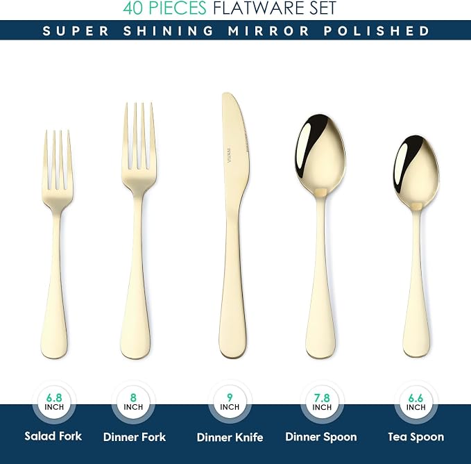 VIVANI 40 Piece Champagne Silverware Set for 8, Gold Flatware Set | 18/0 Stainless Steel Cutlery Set with Advanced PVD Titanium Coating for Home, Kitchen, Housewarming, Wedding, Dishwasher Safe