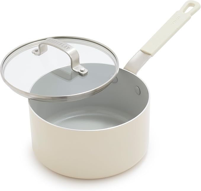 GreenPan x Bobby Flay 2.5QT Ceramic Nonstick Saucepan with Glass Lid, Cream | PFAS-Free Diamond Ceramic Nonstick Chef Pan, Silicone Handle, Induction & All Stovetop Compatible, Dishwasher and Oven Safe